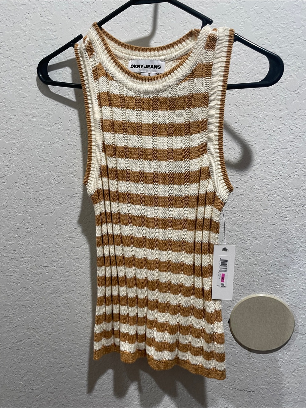 DKNY Striped Ribbed Knit Tank Top - Cream & Brown